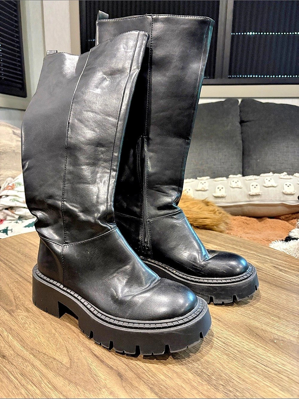 Women's Black Lug Sole Tall Boots Like New